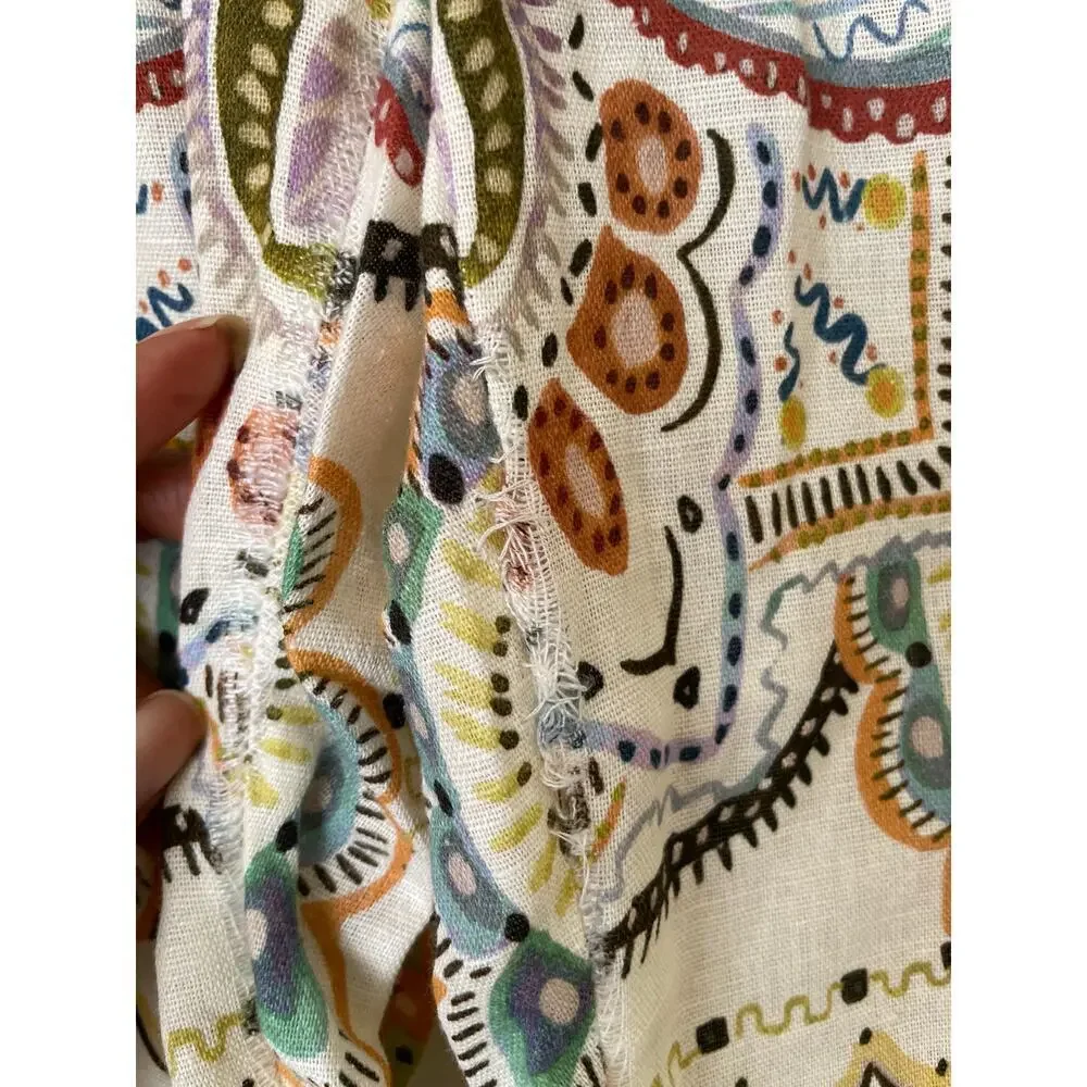 Zara Linen Blend Paisley Printed Cream and Earthtone Flare Leg Pants • Size XS
